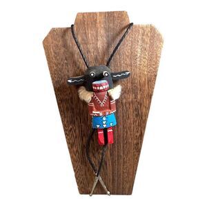 Handmade Native American Kachina Bolo Tie Patricia Jemez Pueblo Braided Leather
